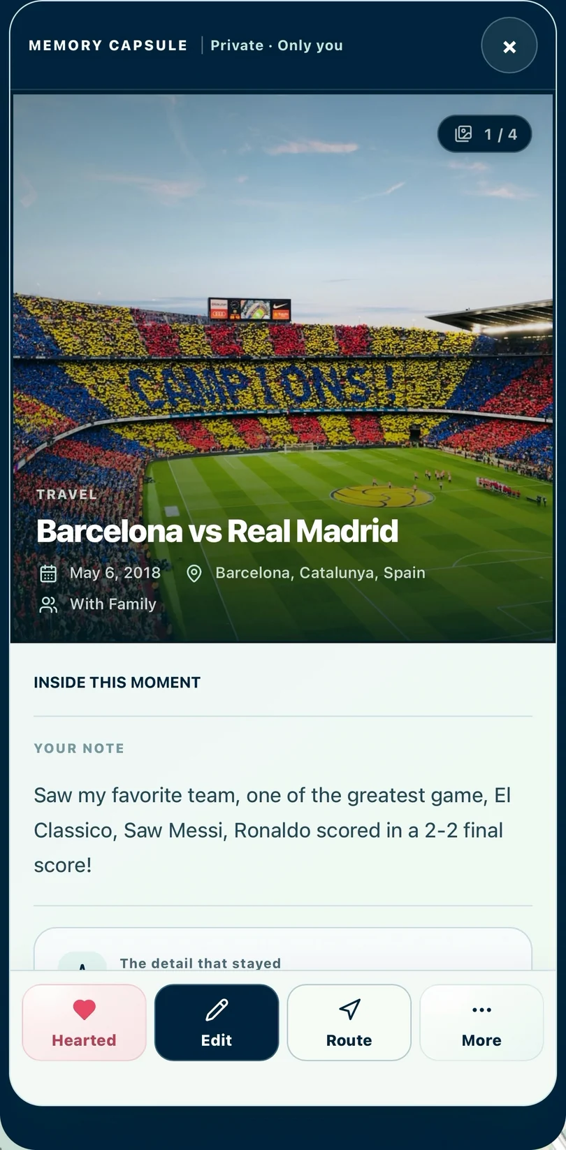 Santiago’s Barcelona vs Real Madrid memory, dated May 6, 2018, with family and a note about seeing Messi and Ronaldo score